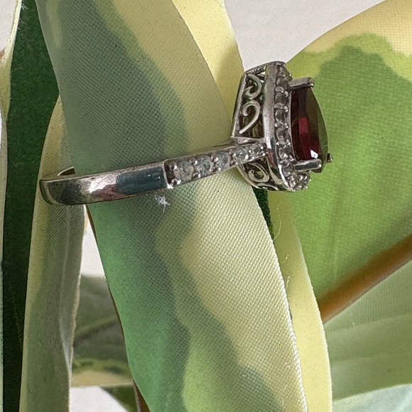 Pear Shaped Garnet & White Lab-Created Sapphire Halo Ring 925 Sterling Silver - Picture 4 of 6